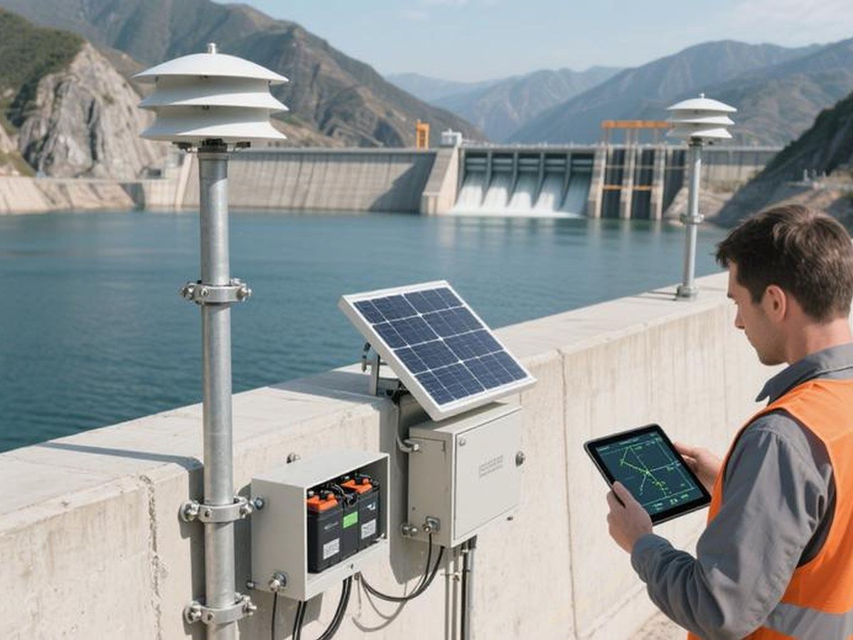 GNSS receiver and solar panel monitoring a dam