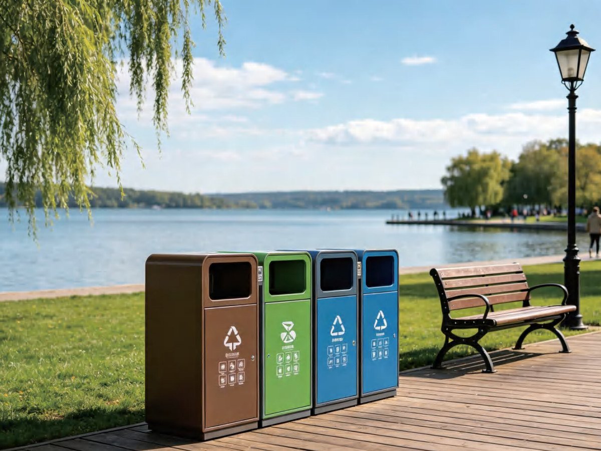 Recycling bins in a park with overflow sensing
