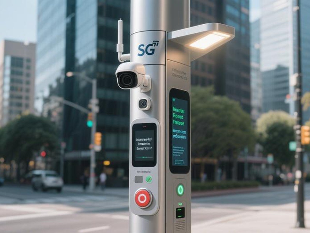Smart pole with camera, sensors and display on a city street