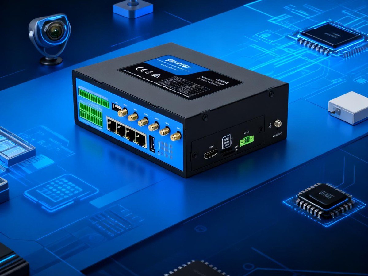 TG465 edge gateway at the centre of a data-processing board