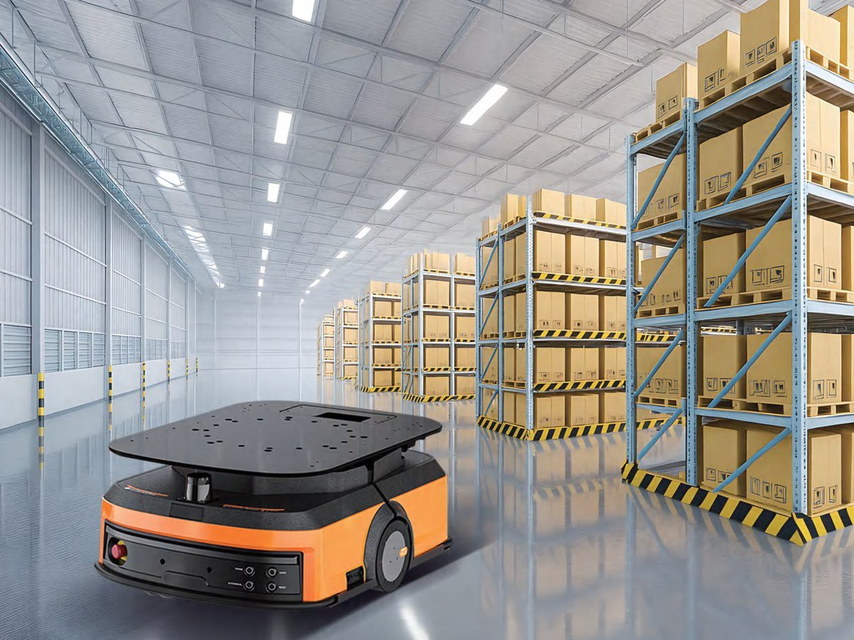 Warehouse AGV robot using ultrasonic obstacle sensors