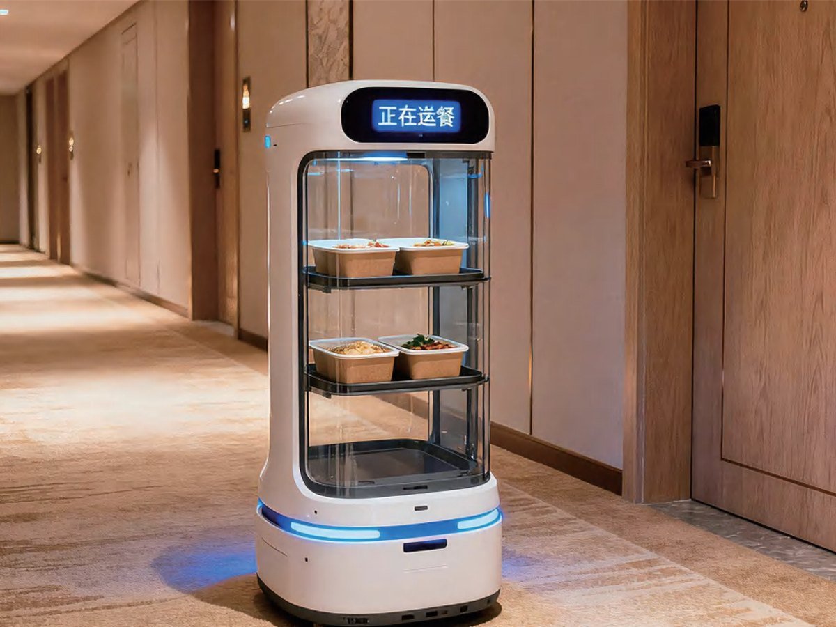 Service robot delivering in a hotel corridor
