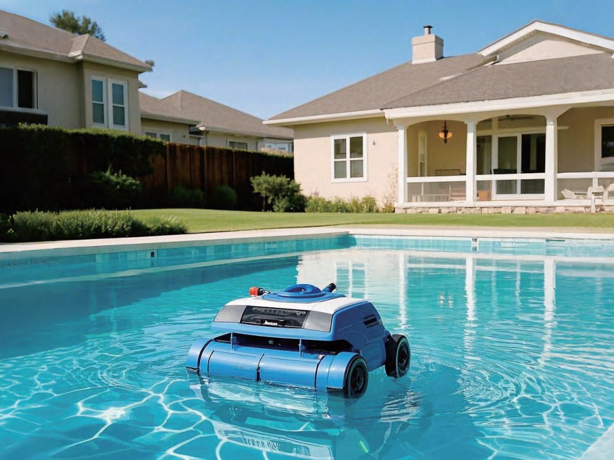 Pool cleaning robot at work in a swimming pool
