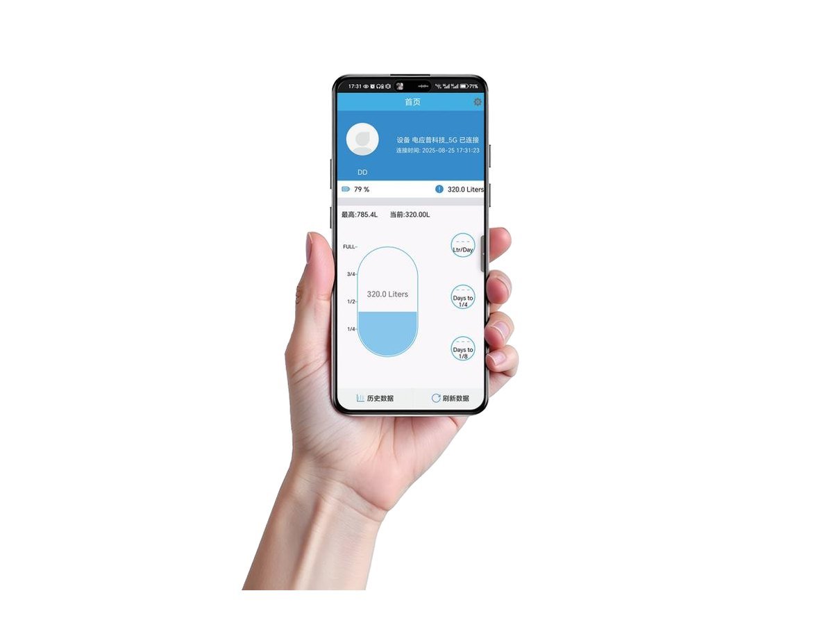 Mobile app showing tank level and alerts